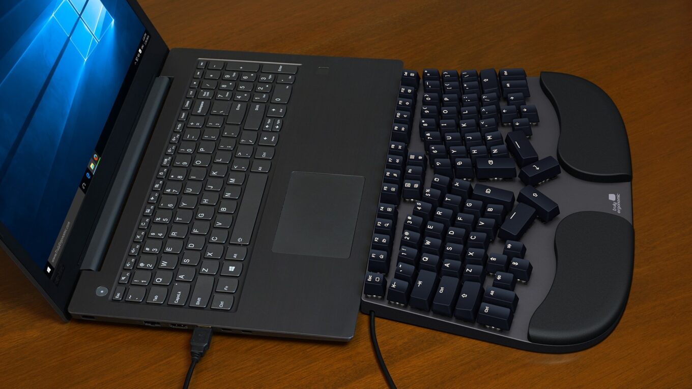 The Best and Most Comfortable Ergonomic Mechanical Keyboard Truly Ergonomic Cleave - Cable Management Very Close to Laptop